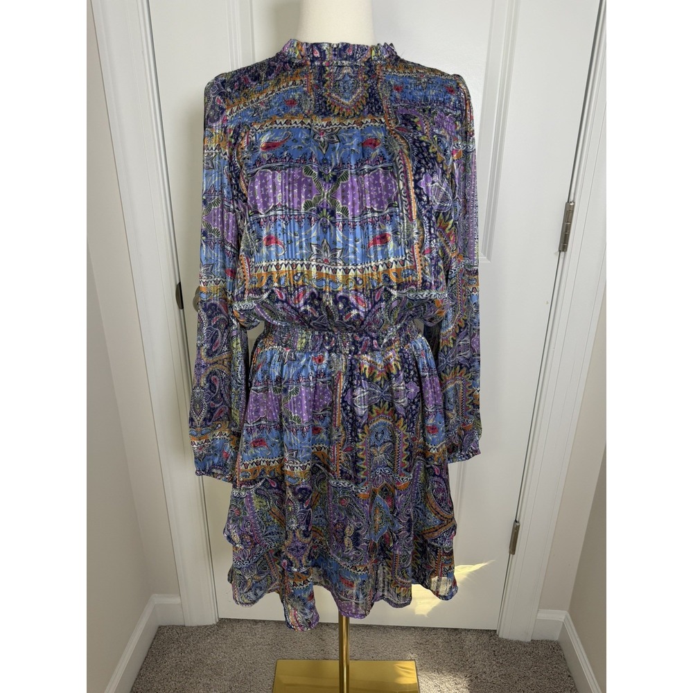 Skies Are Blue Women's Paisley Smocked Chiffon Mini Dress Small Boho Feminine